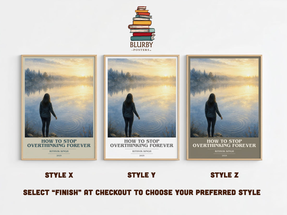 How To Stop Overthinking Forever book cover print in frame leaning in hallway – non fiction wall art (mockup)