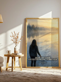 How To Stop Overthinking Forever watercolour print in frame leaning in hallway – non fiction wall art