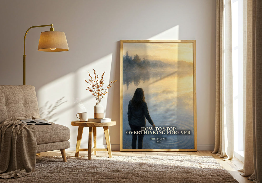 How To Stop Overthinking Forever watercolour print in frame leaning in hallway – non fiction wall art
