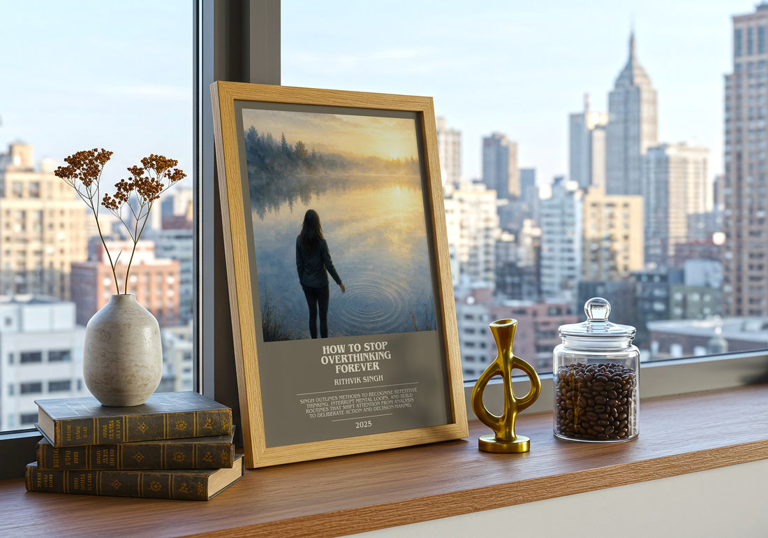 How To Stop Overthinking Forever bookish print framed by window – literary home decor