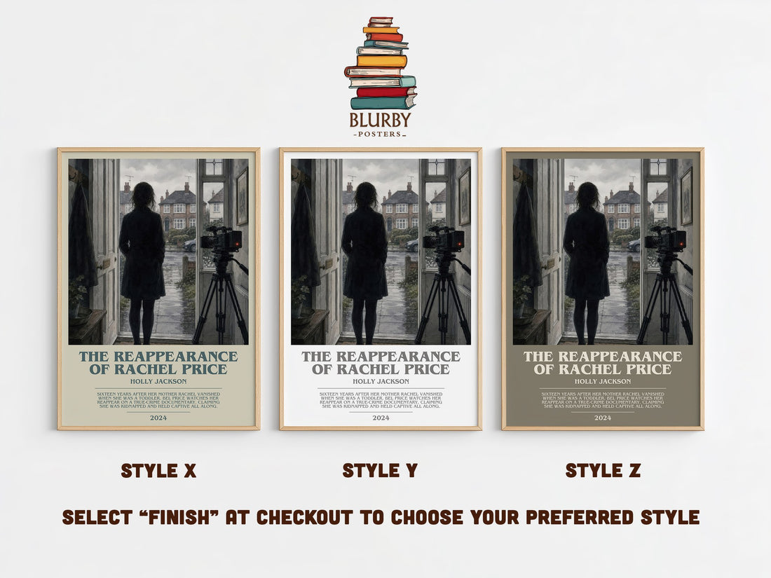 The Reappearance of Rachel Price bookish print in frame leaning in hallway – thriller wall art (mockup)