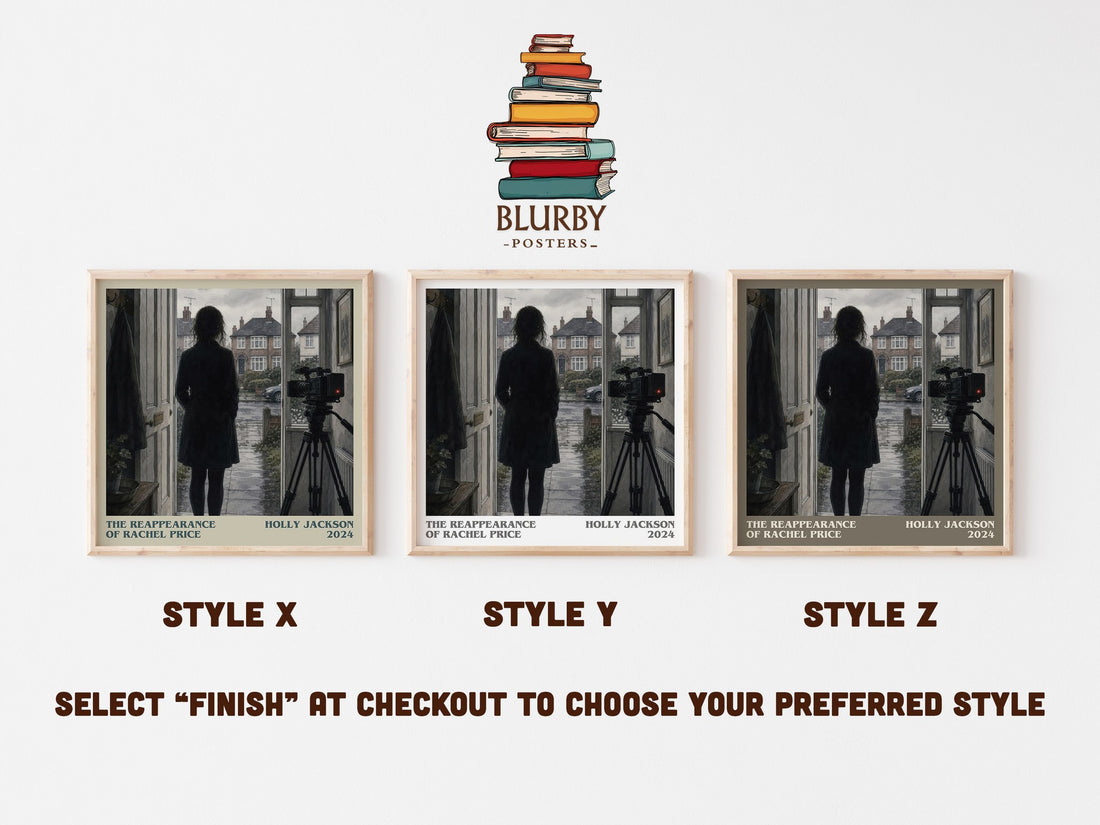 The Reappearance of Rachel Price literary print in frame leaning in hallway – thriller wall art (mockup)