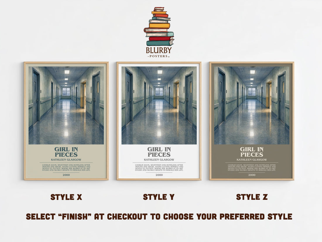 Girl in Pieces bookish print in frame leaning in hallway – young adult wall art (mockup)