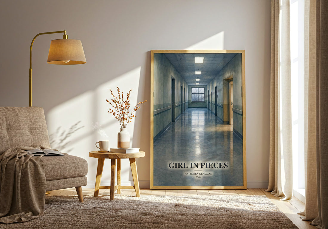 Girl in Pieces watercolour print in frame leaning in hallway – young adult wall art