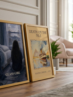 Glass Girl watercolour print framed by window – literary home decor