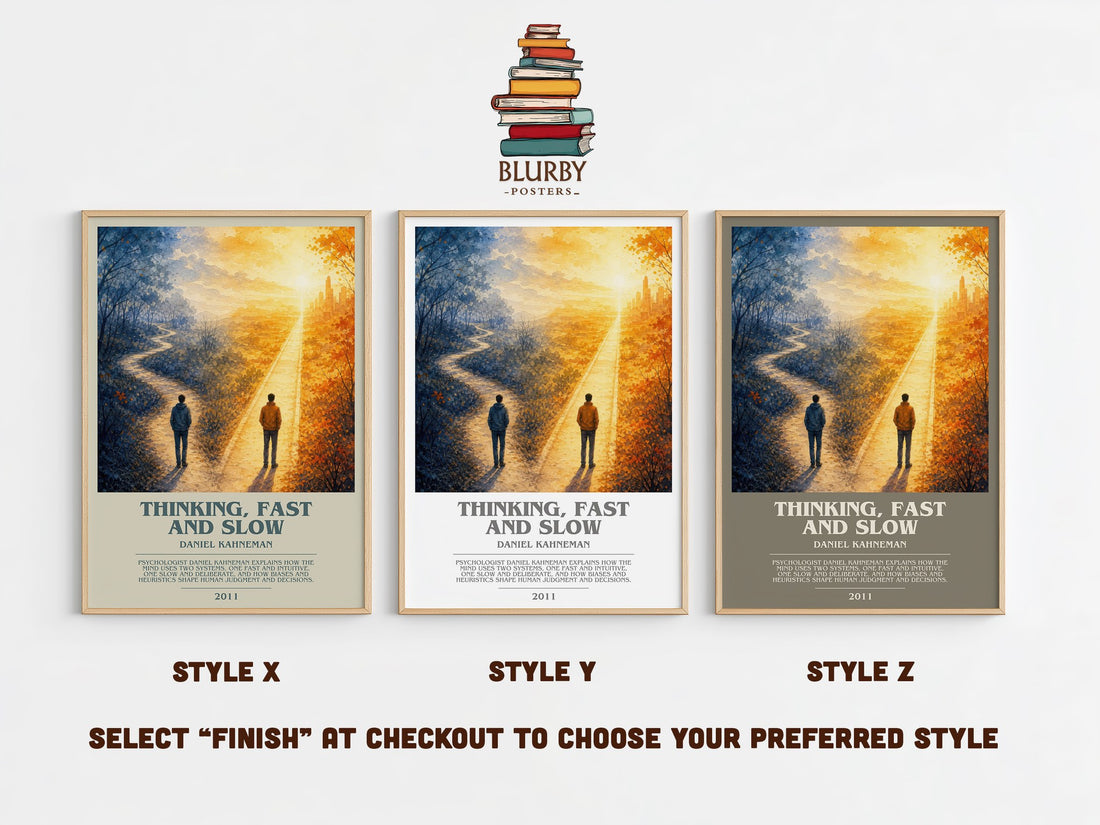 Thinking, fast and slow bookish print in frame leaning in hallway – non fiction wall art (mockup)