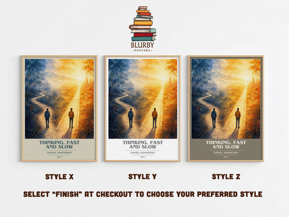Thinking, fast and slow book cover print in frame leaning in hallway – non fiction wall art (mockup)