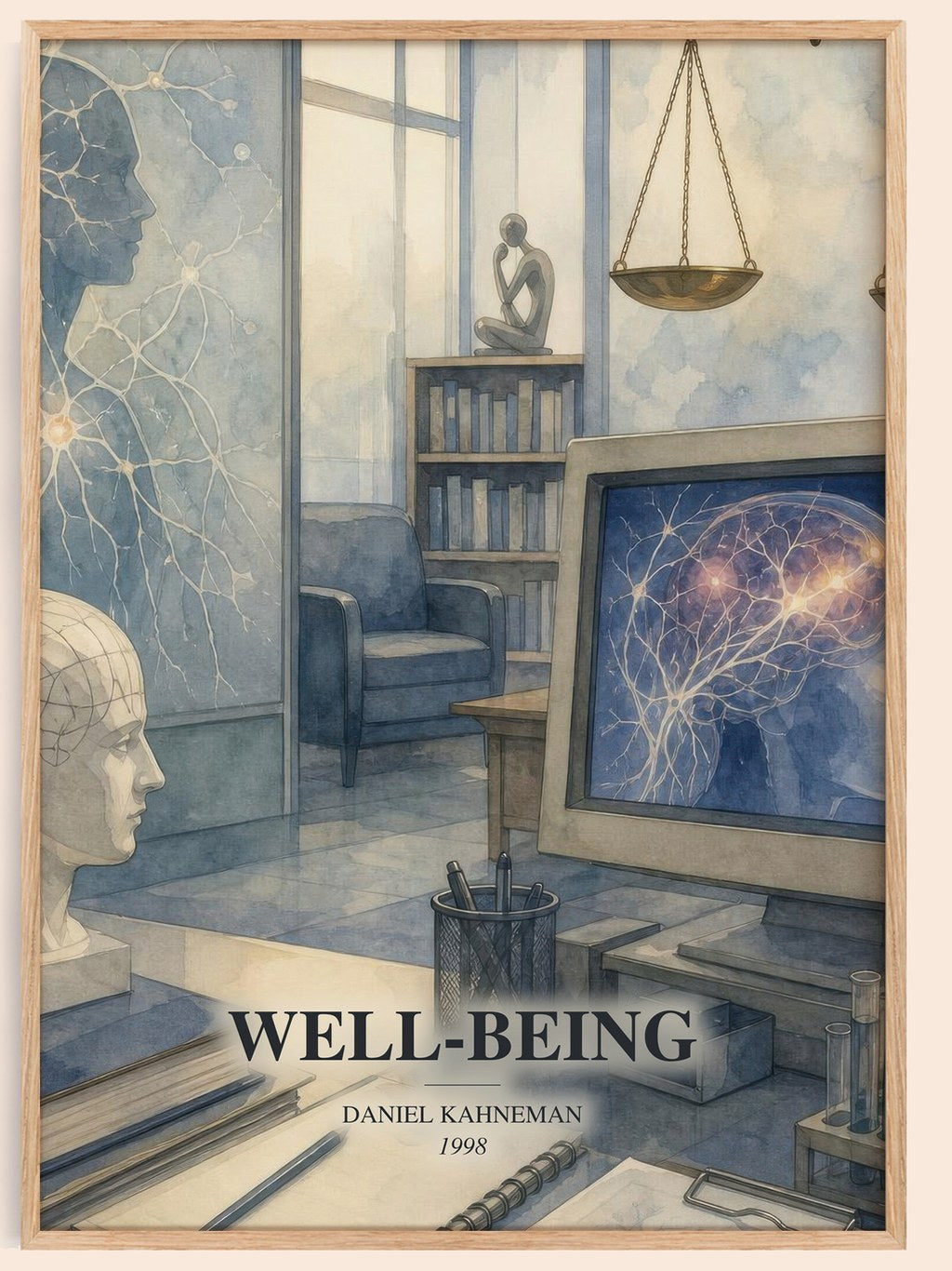 Well-being watercolour book poster by Daniel Kahneman – framed literary art print