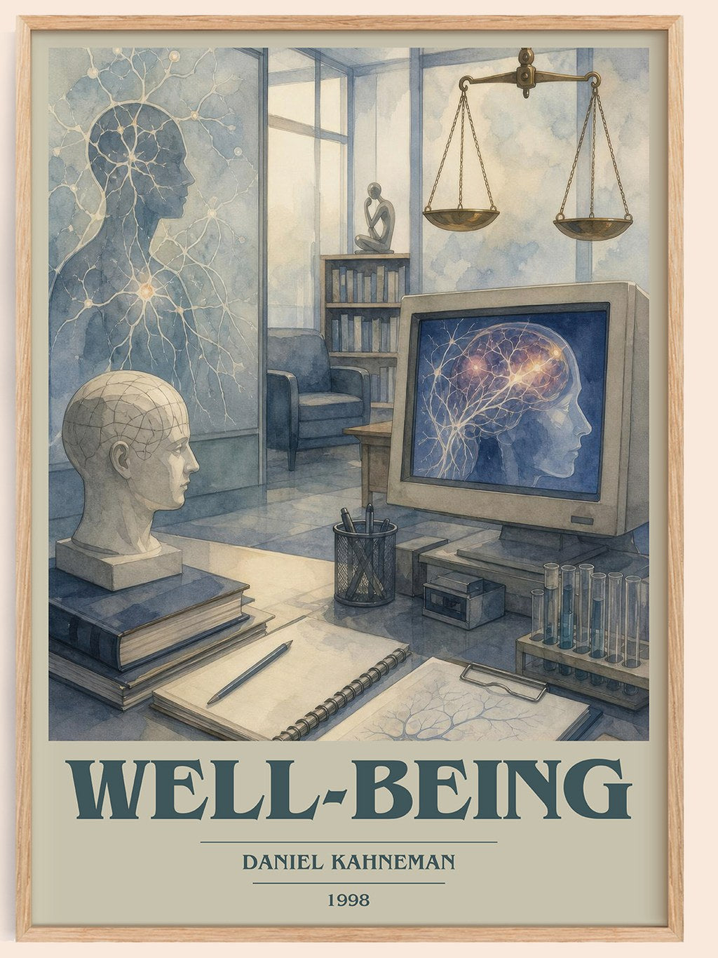 Well-being book cover book poster by Daniel Kahneman – framed literary art print