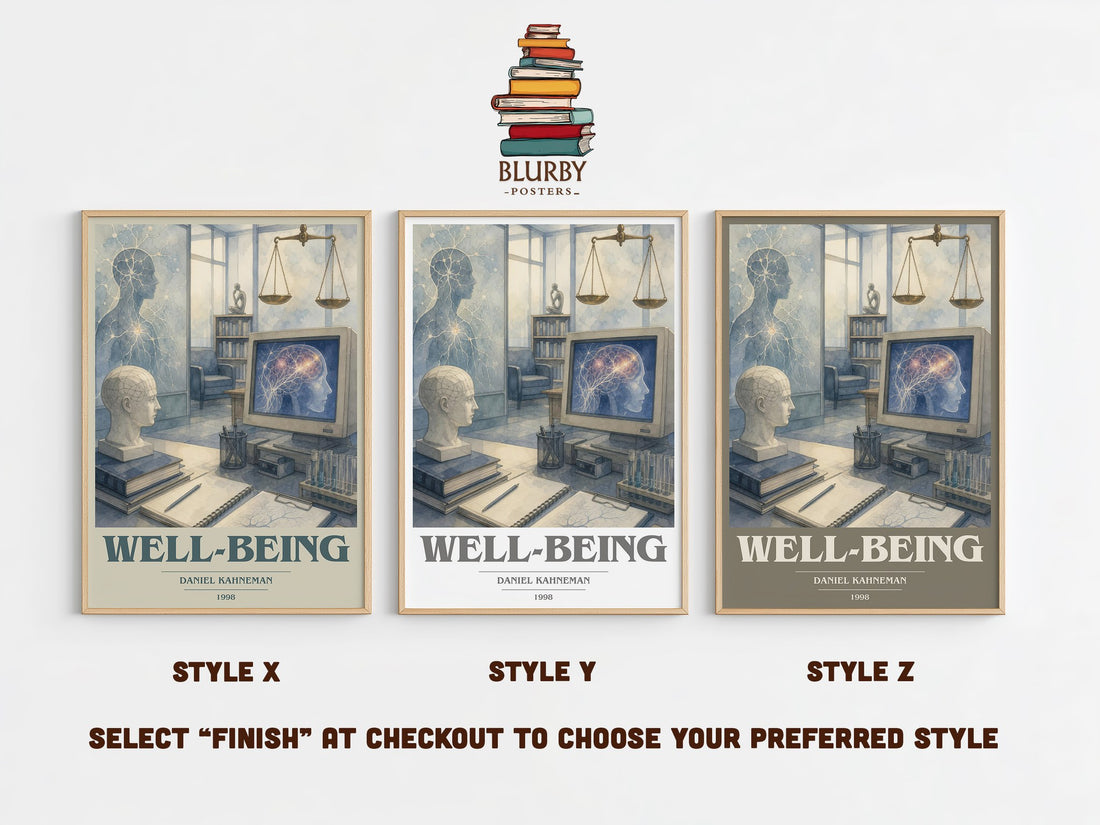 Well-being book cover print in frame leaning in hallway – non fiction wall art (mockup)