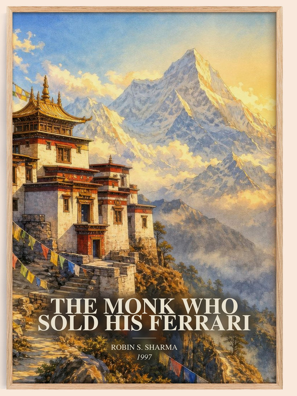 The Monk Who Sold His Ferrari watercolour book poster by Robin S. Sharma – framed literary art print