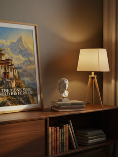 The Monk Who Sold His Ferrari watercolour print on bookshelf – Robin S. Sharma fan gift