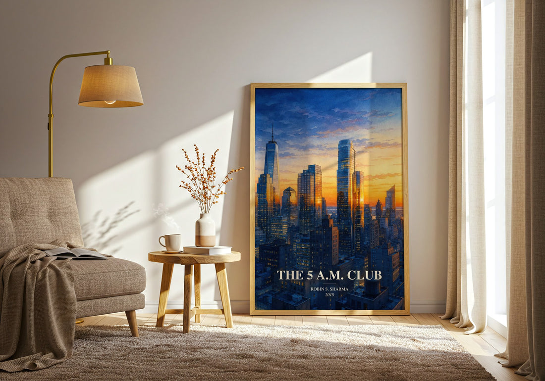 The 5 a.m. Club watercolour print in frame leaning in hallway – non fiction wall art