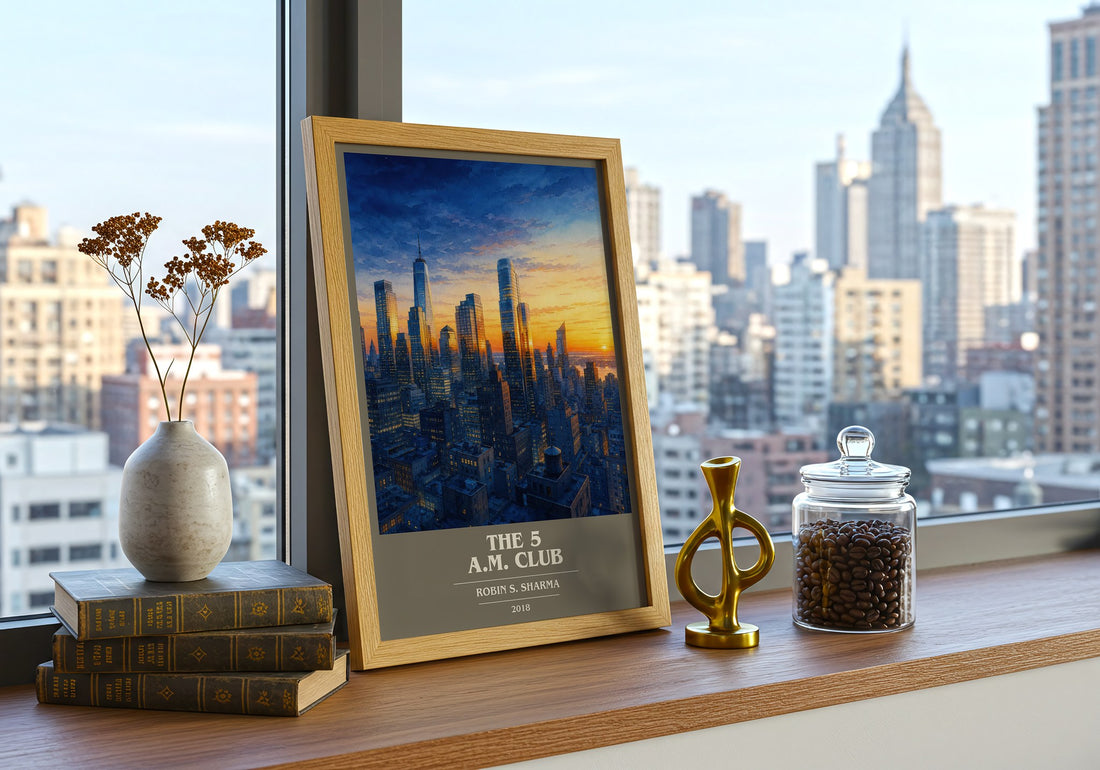 The 5 a.m. Club book cover print framed by window – literary home decor