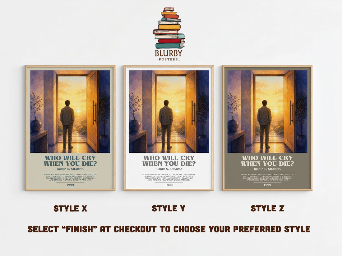 Who Will Cry When You Die? bookish print in frame leaning in hallway – non fiction wall art (mockup)