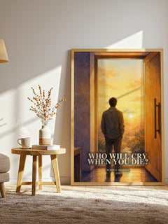 Who Will Cry When You Die? watercolour print in frame leaning in hallway – non fiction wall art