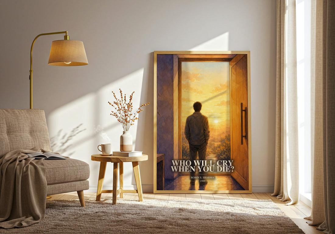 Who Will Cry When You Die? watercolour print in frame leaning in hallway – non fiction wall art