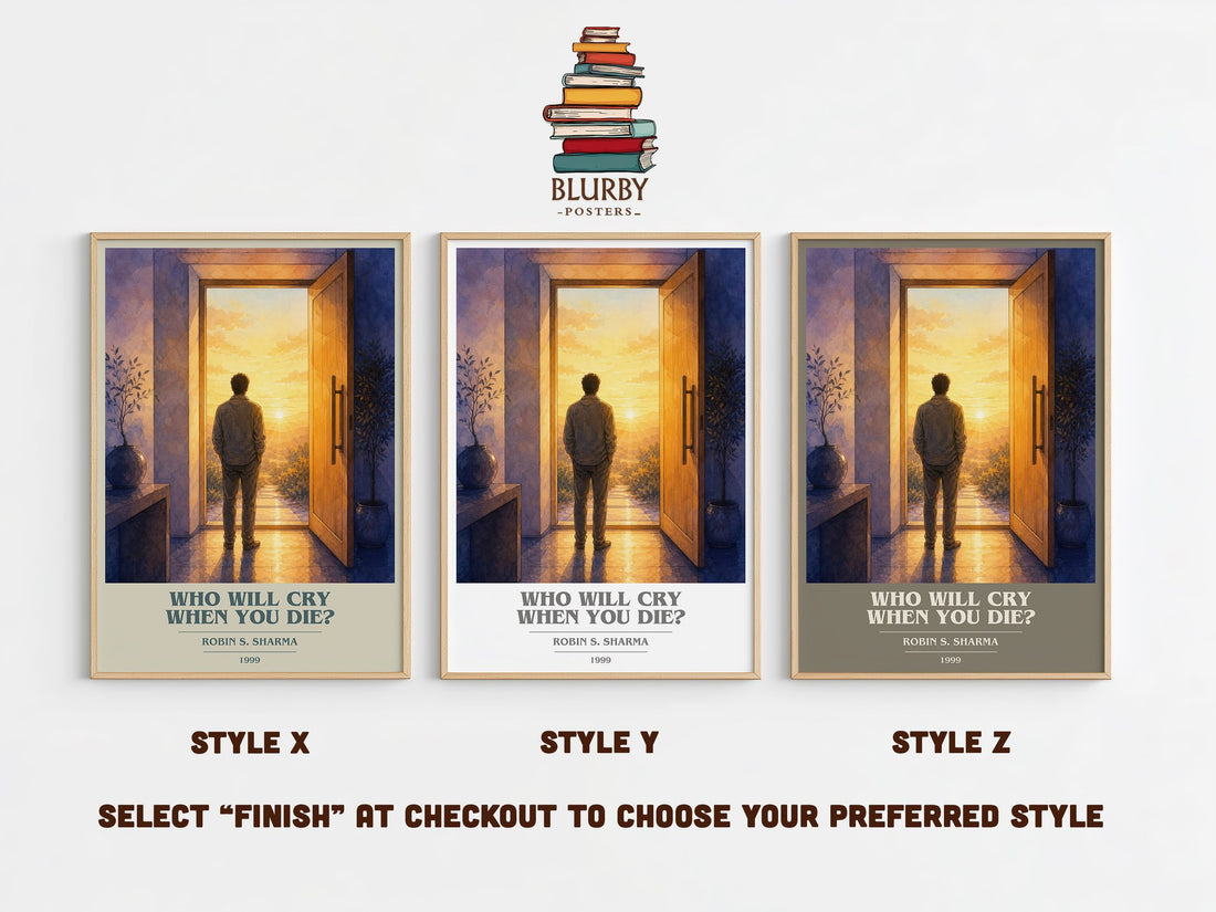 Who Will Cry When You Die? book cover print in frame leaning in hallway – non fiction wall art (mockup)