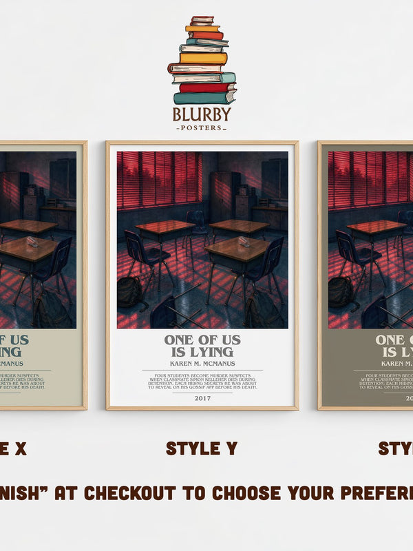 One Of Us Is Lying bookish print in frame leaning in hallway – mystery wall art