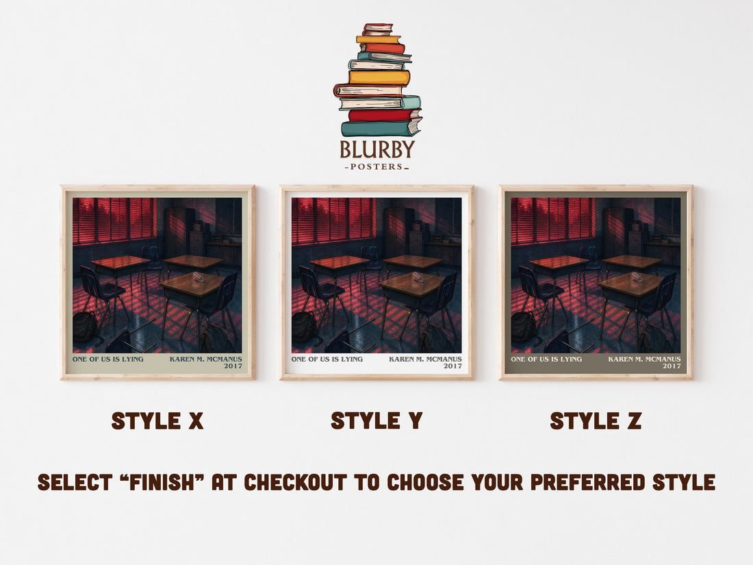 One Of Us Is Lying literary print in frame leaning in hallway – mystery wall art (mockup)