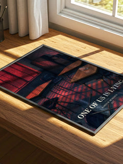 One Of Us Is Lying watercolour book poster framed on wall – mystery wall art
