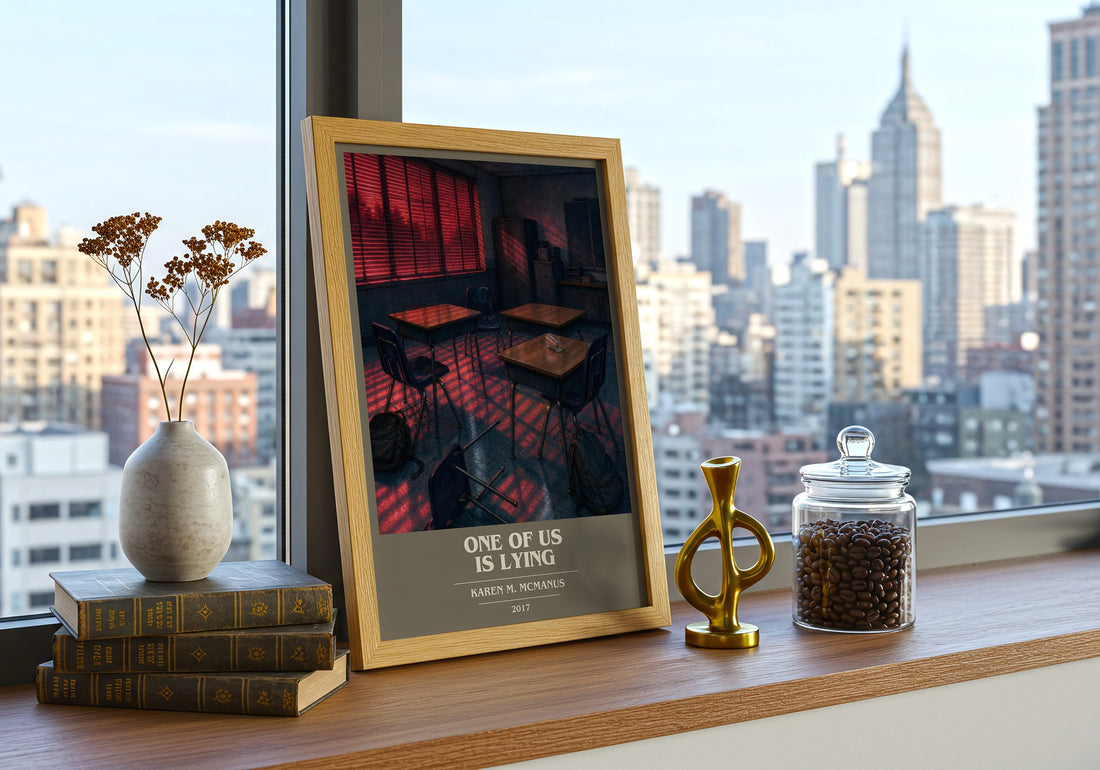 One Of Us Is Lying book cover print framed by window – literary home decor