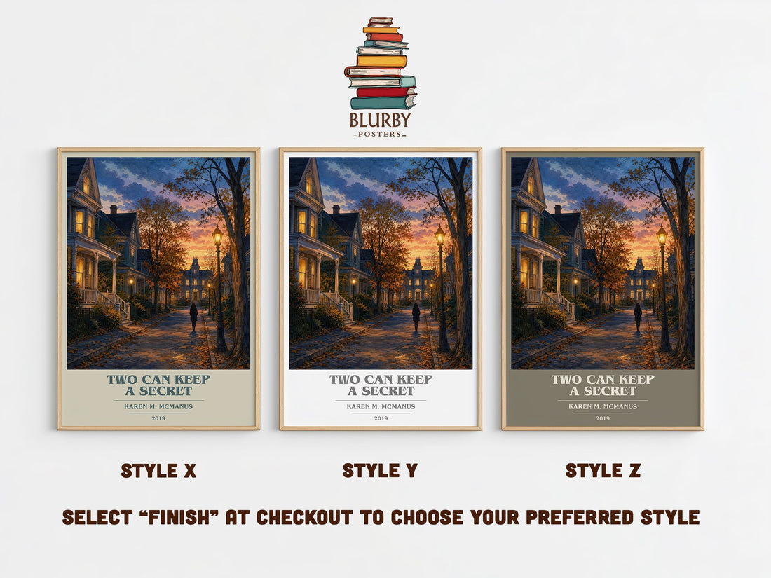 Two Can Keep a Secret book cover print in frame leaning in hallway – young adult wall art (mockup)