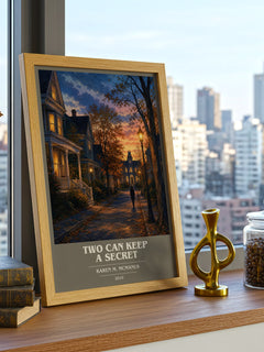 Two Can Keep a Secret book cover print framed by window – literary home decor