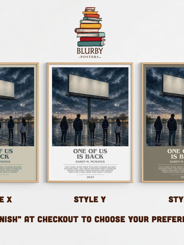 One of Us Is Back bookish print in frame leaning in hallway – young adult wall art