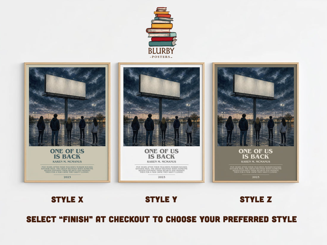 One of Us Is Back bookish print in frame leaning in hallway – young adult wall art (mockup)