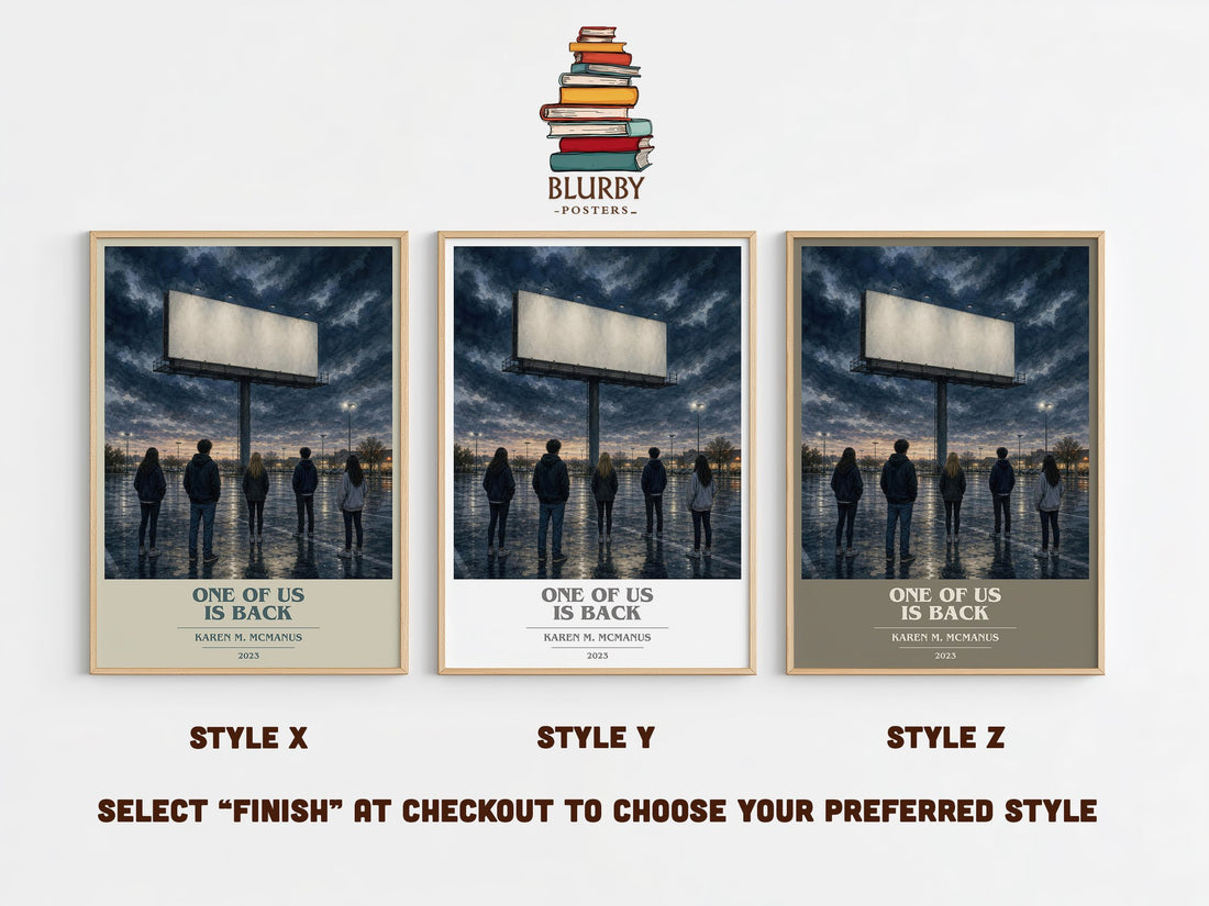 One of Us Is Back book cover print in frame leaning in hallway – young adult wall art (mockup)