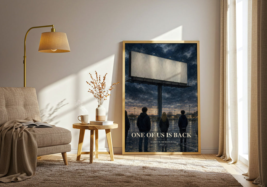 One of Us Is Back watercolour print in frame leaning in hallway – young adult wall art