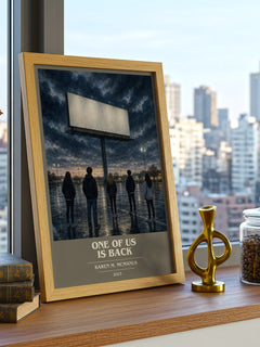 One of Us Is Back book cover print framed by window – literary home decor