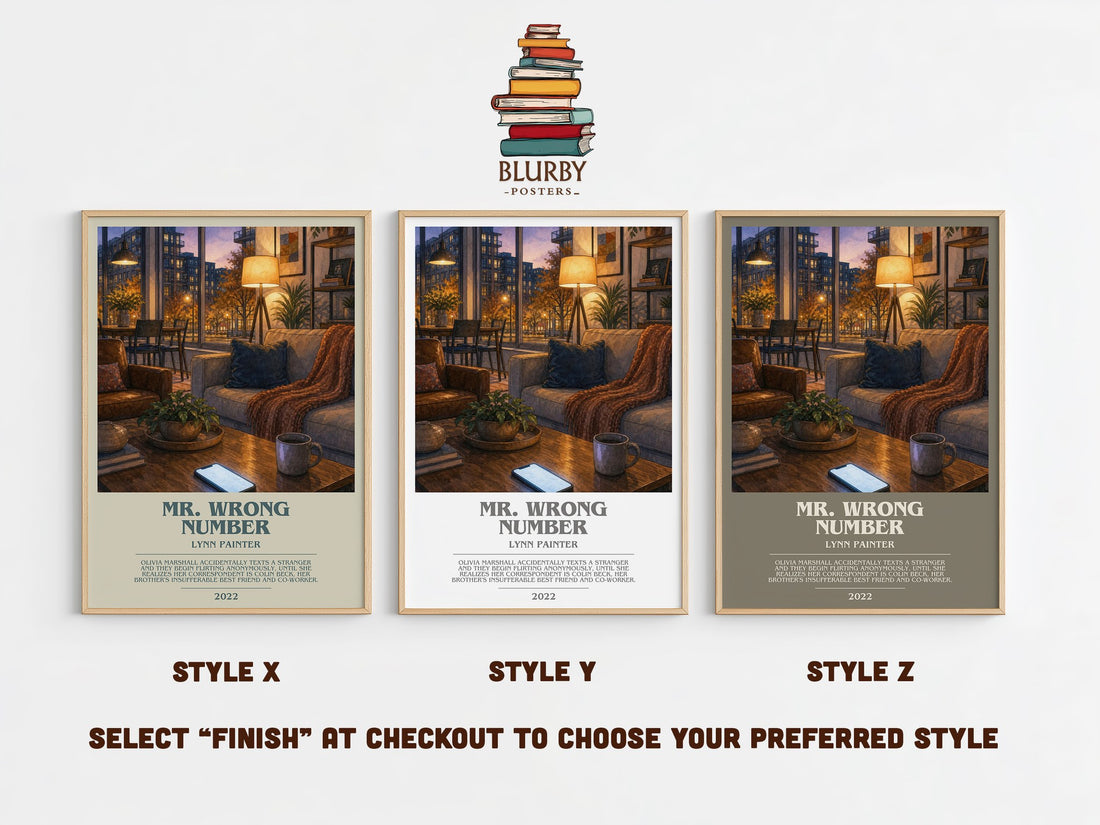 Mr. Wrong Number bookish print in frame leaning in hallway – romance wall art (mockup)