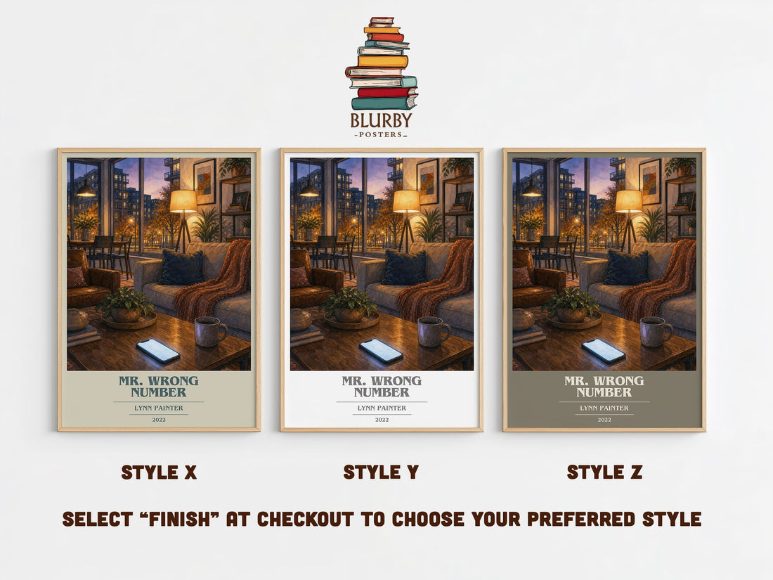 Mr. Wrong Number book cover print in frame leaning in hallway – romance wall art (mockup)