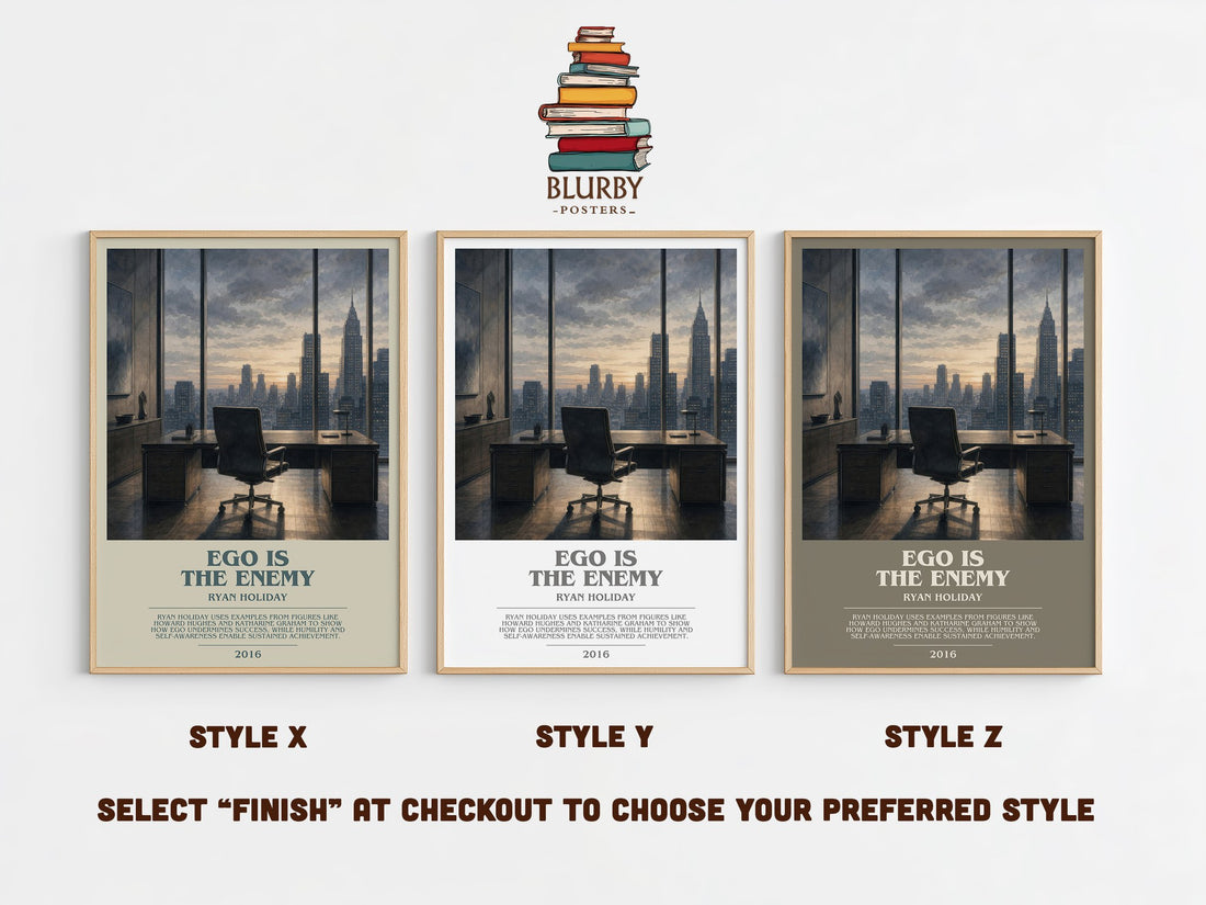 Ego is the Enemy bookish print in frame leaning in hallway – philosophy wall art (mockup)