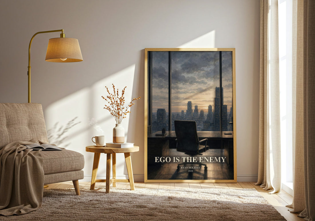 Ego is the Enemy watercolour print in frame leaning in hallway – philosophy wall art