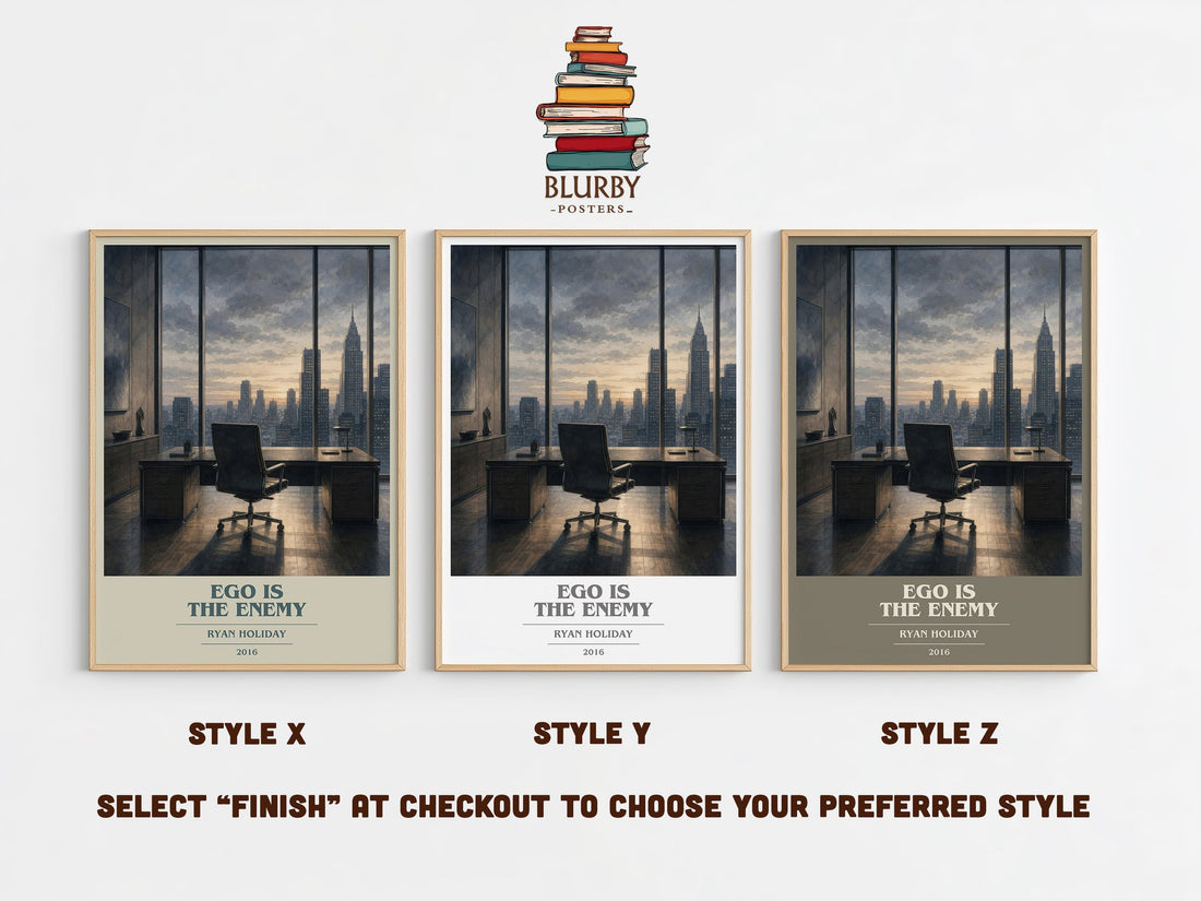 Ego is the Enemy book cover print in frame leaning in hallway – philosophy wall art (mockup)