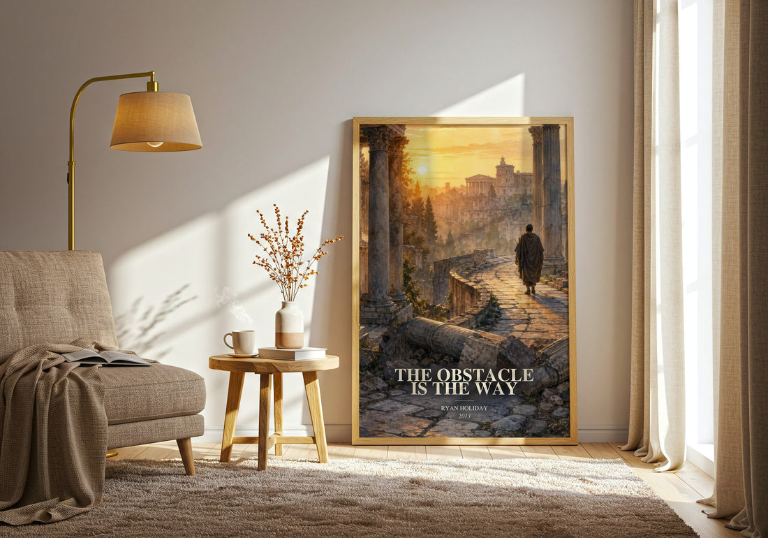 The Obstacle is the Way watercolour print in frame leaning in hallway – philosophy wall art