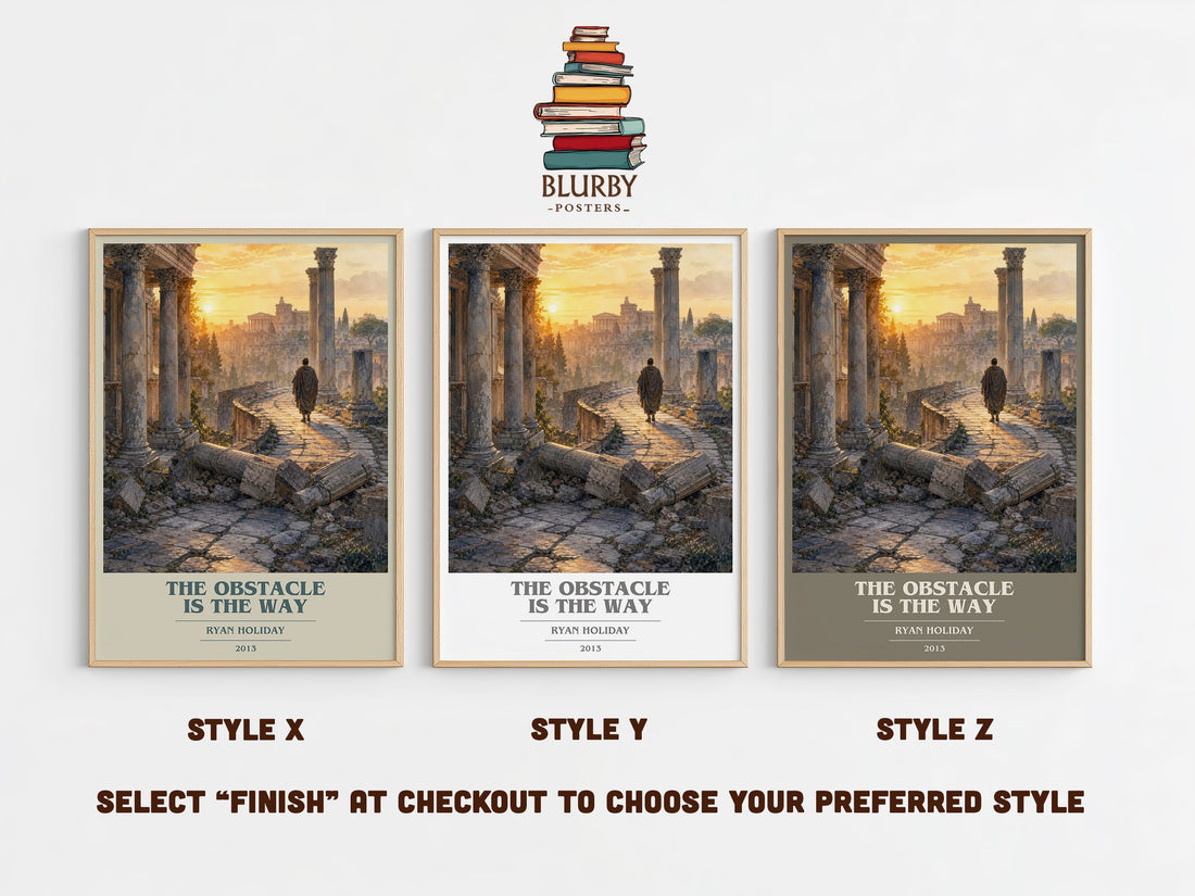 The Obstacle is the Way book cover print in frame leaning in hallway – philosophy wall art (mockup)