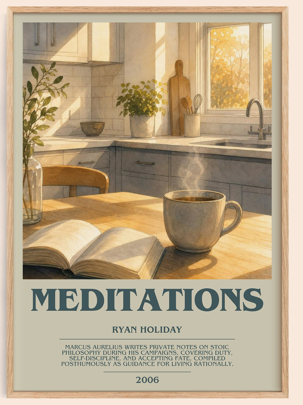Meditations bookish book poster by Ryan Holiday – framed literary art print