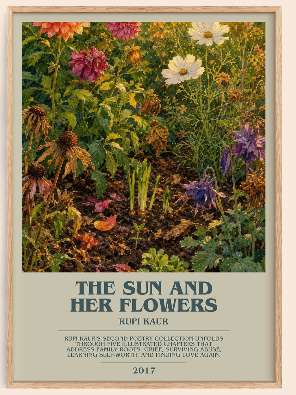 the sun and her flowers bookish book poster by Rupi Kaur – framed literary art print