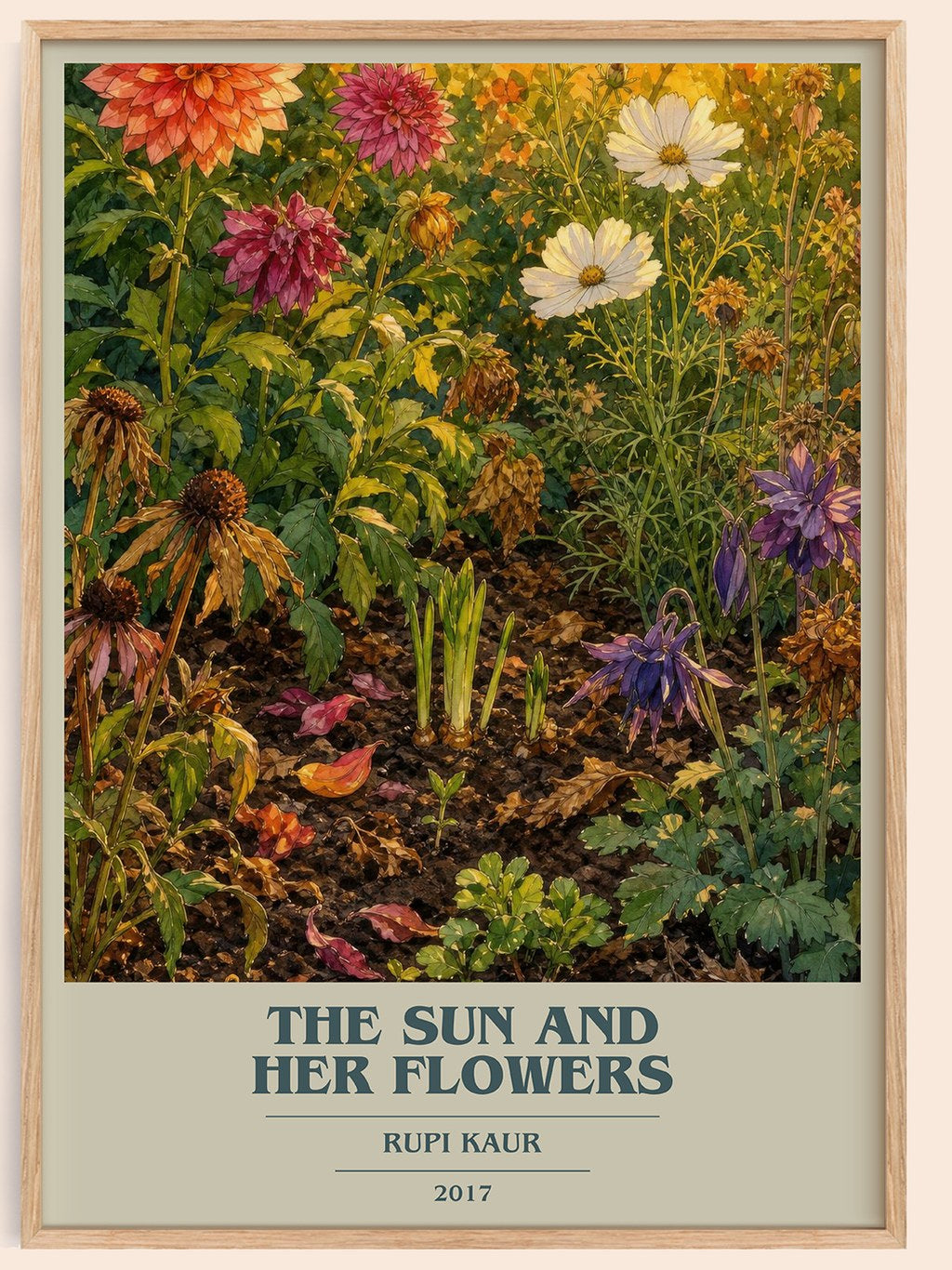 the sun and her flowers book cover book poster by Rupi Kaur – framed literary art print