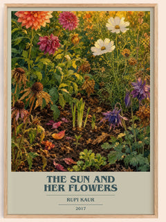 the sun and her flowers Book Cover Poster by Rupi Kaur – framed poster