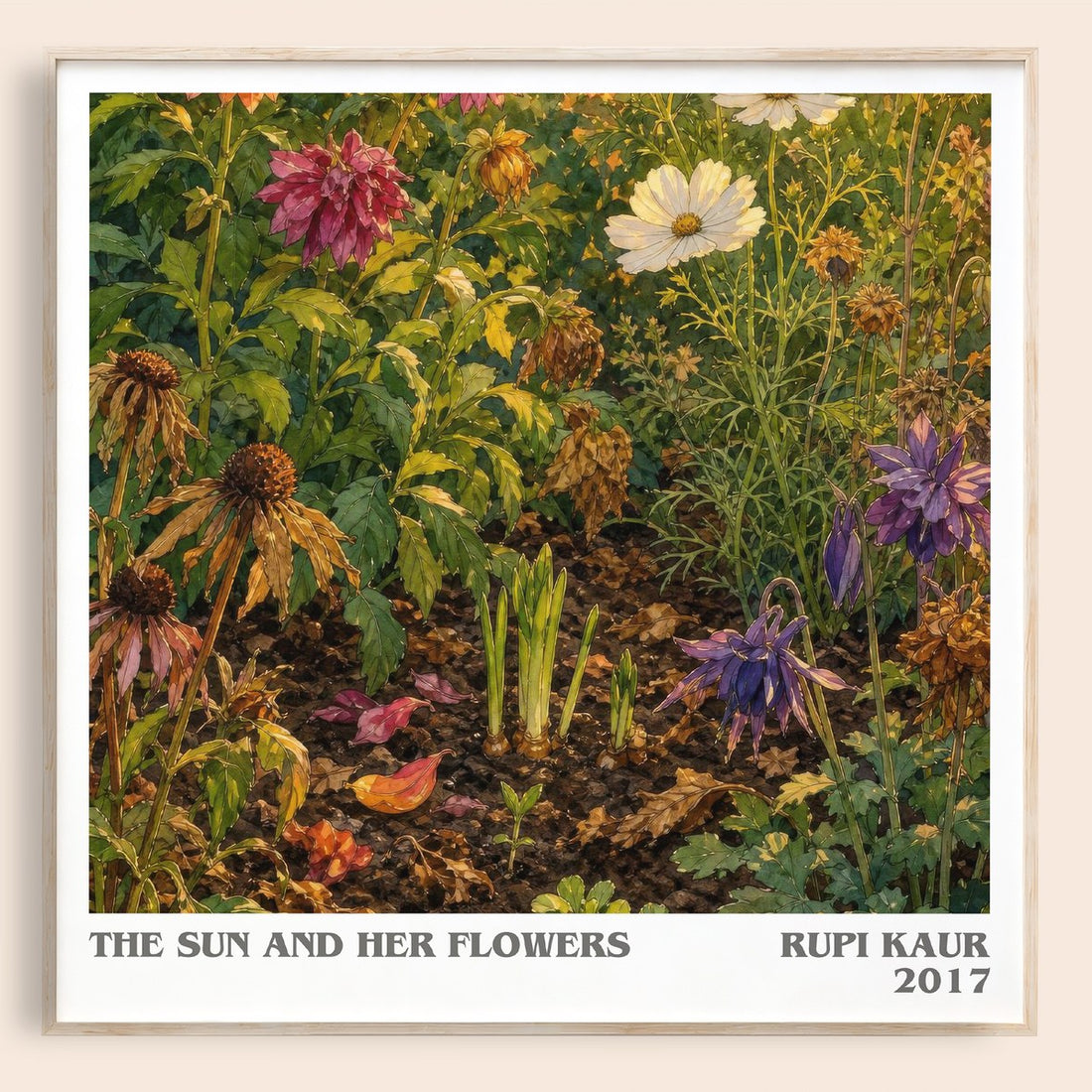 the sun and her flowers literary book poster by Rupi Kaur – framed literary art print