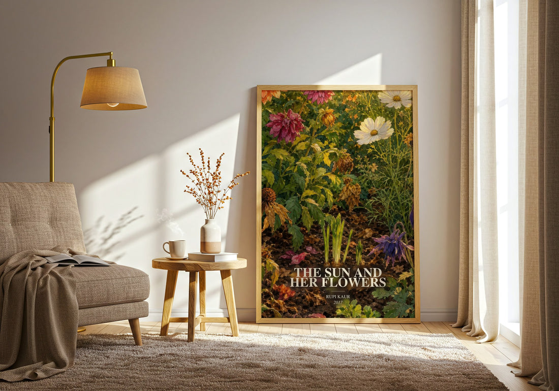the sun and her flowers watercolour print in frame leaning in hallway – poetry wall art