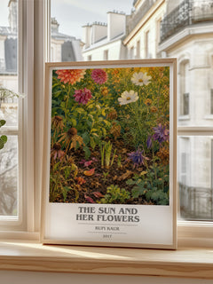 the sun and her flowers Book Cover Poster by Rupi Kaur – framed print by a bright window