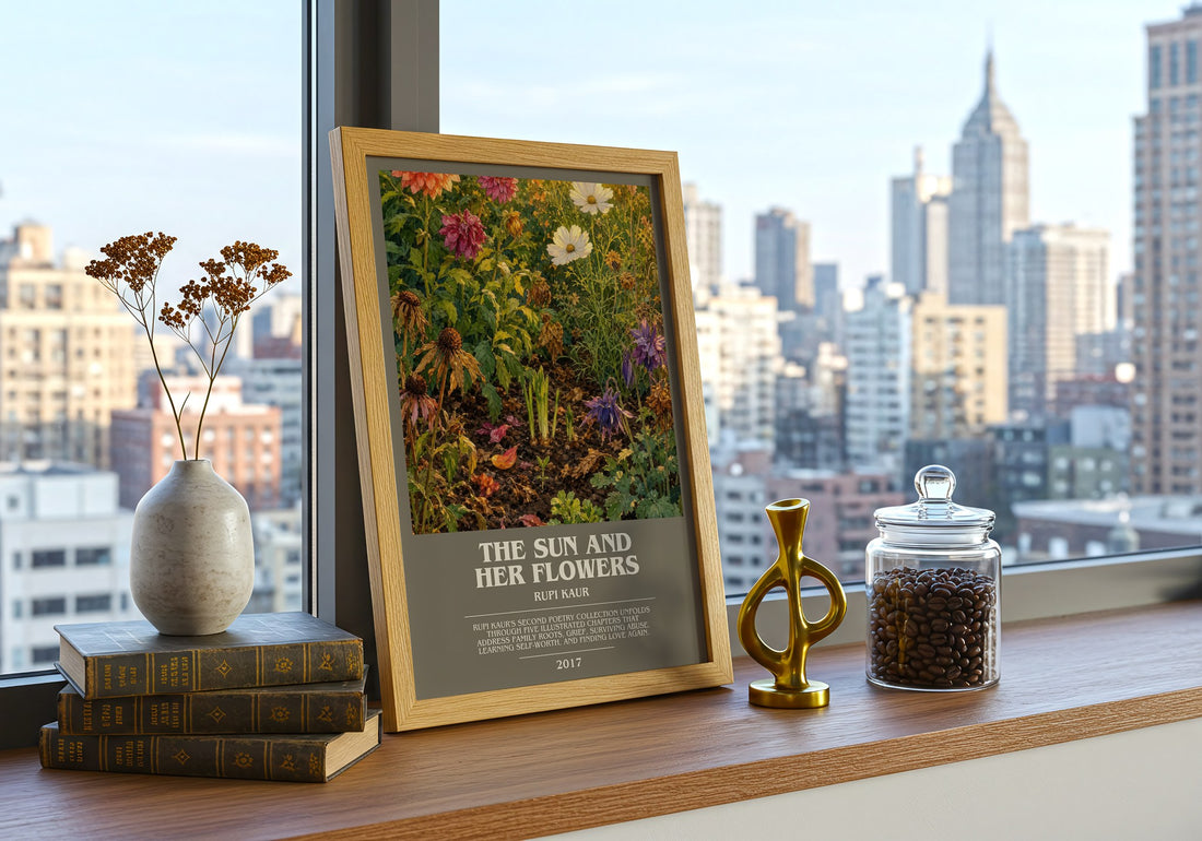 the sun and her flowers bookish print framed by window – literary home decor