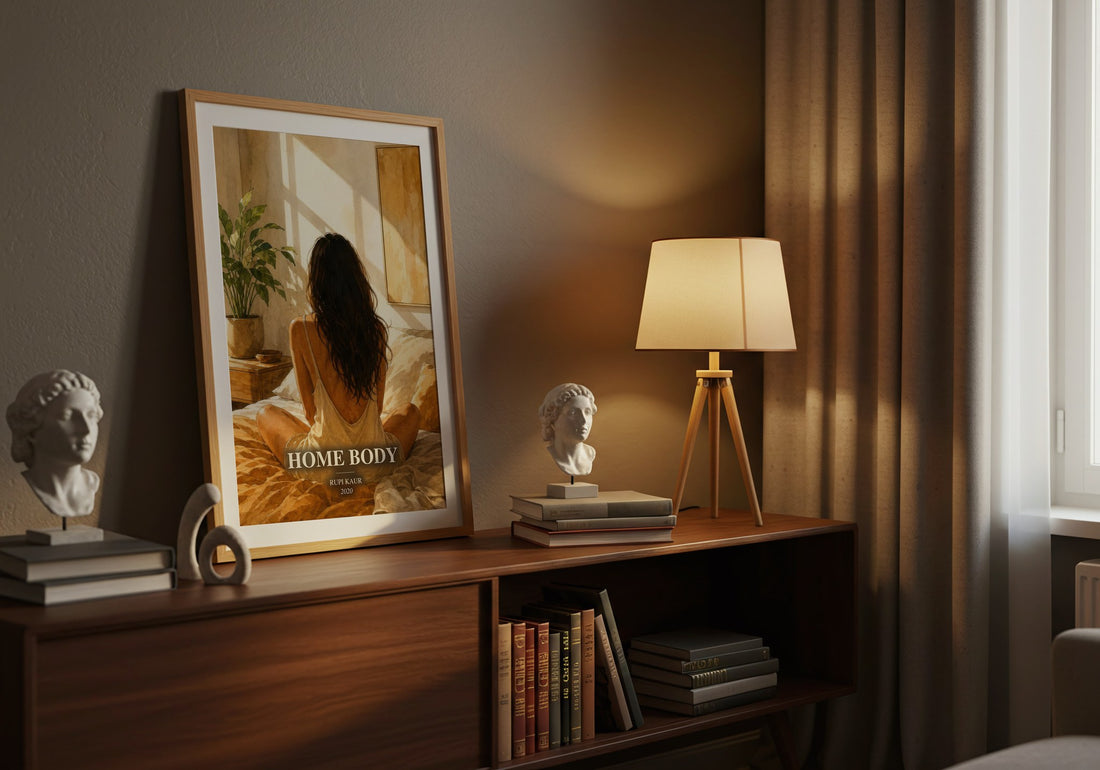 Home Body watercolour print on bookshelf – Rupi Kaur fan gift