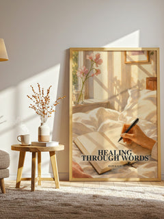 Healing Through Words watercolour print in frame leaning in hallway – poetry wall art